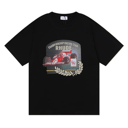 Cross-border summer new products Los Angeles niche trendy clothing rhude racing pattern printing men's and women's large size short sleeves