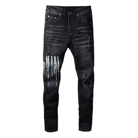 Jeans 830 Street Spray Paint Alfabeto colorido Jeans negros 