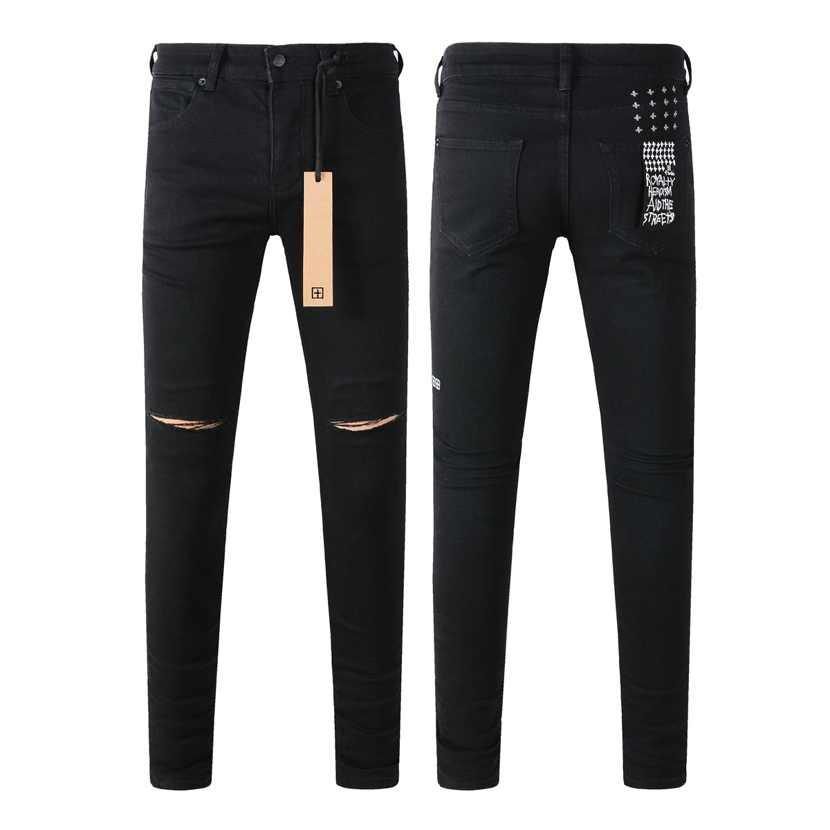 Jeans negros de tiro medio con rodillas deshilachadas 3005