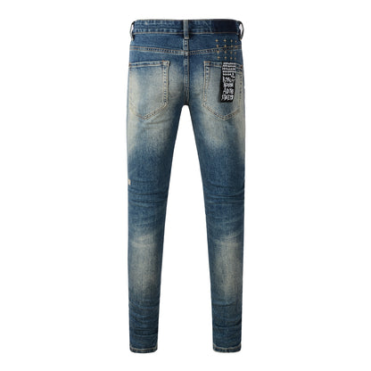 Jean skinny bleu classique déchiré au genou 3018