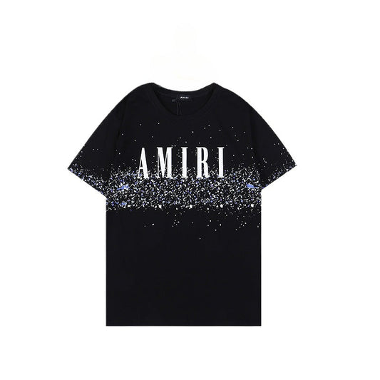 High Street Tide Brand Summer Amiri Starry Sky Ink Splashing Logo Printing Short Sleeve Men's and Women's Trend Crew Neck Hip Hop Loose T-shirt